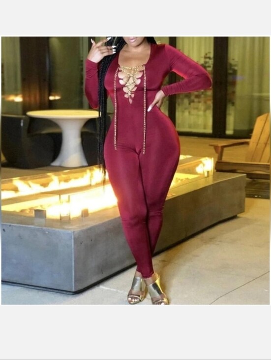 hot&delicious Pants - Plunging Lace-Up Burgundy Jumpsuit with Long Sleeves
